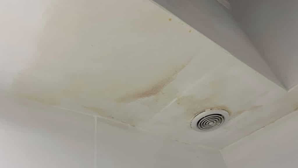 A nasty stain on a ceiling that needs to be prepped and painted