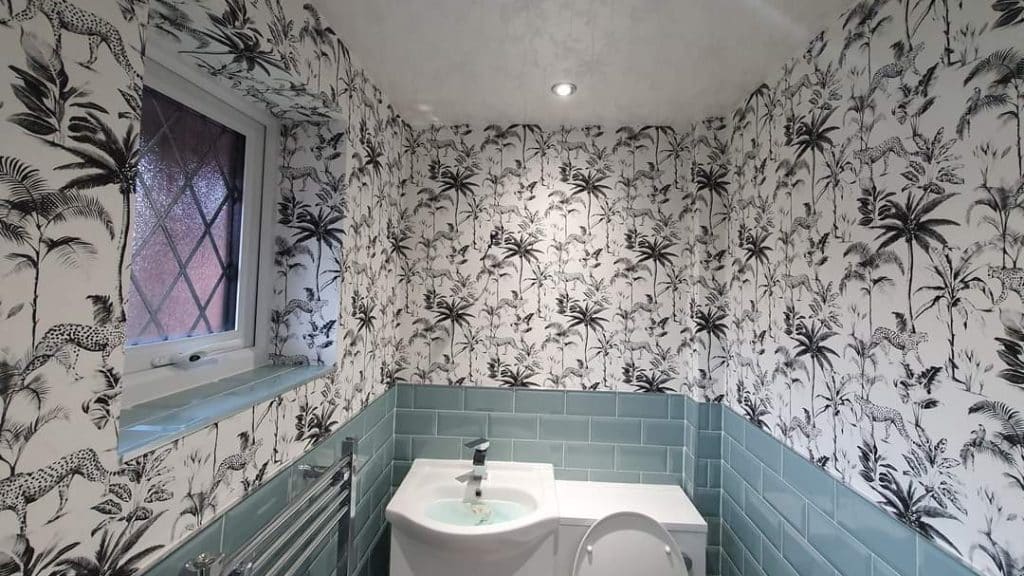 a wallpapered bathroom
