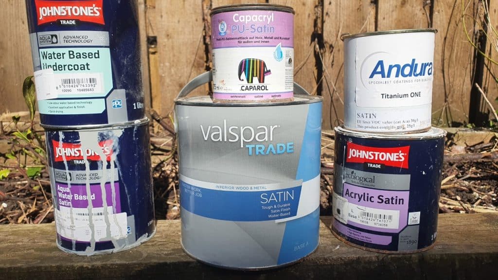 a collection of water-based satinwood paints
