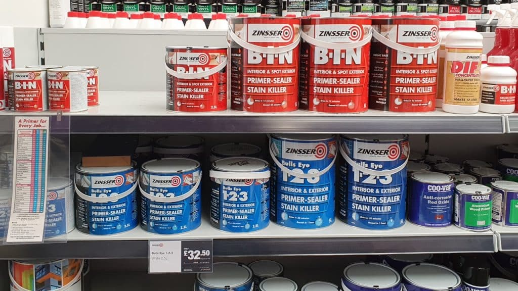 Zinsser paint products on a shelf