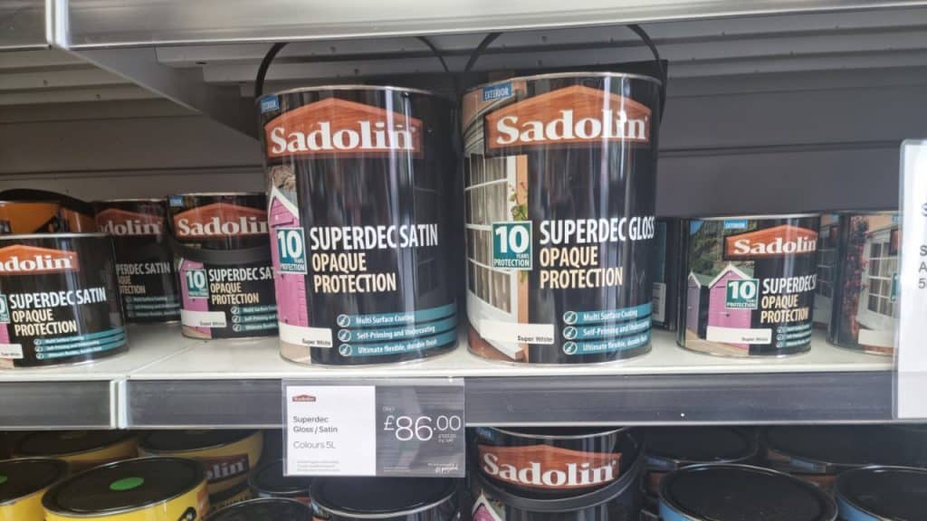 Sadolin Superdec Paint on a shelf at Crown Decorating Centre