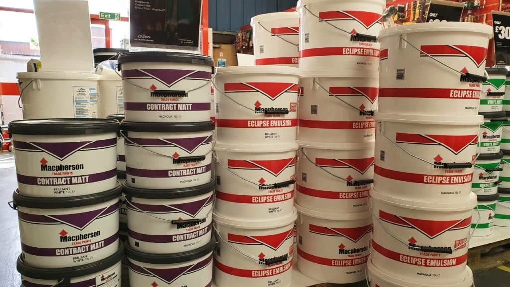 lots of buckets of contract matt, which is the product of choice for mist coating according to a lot of decorators