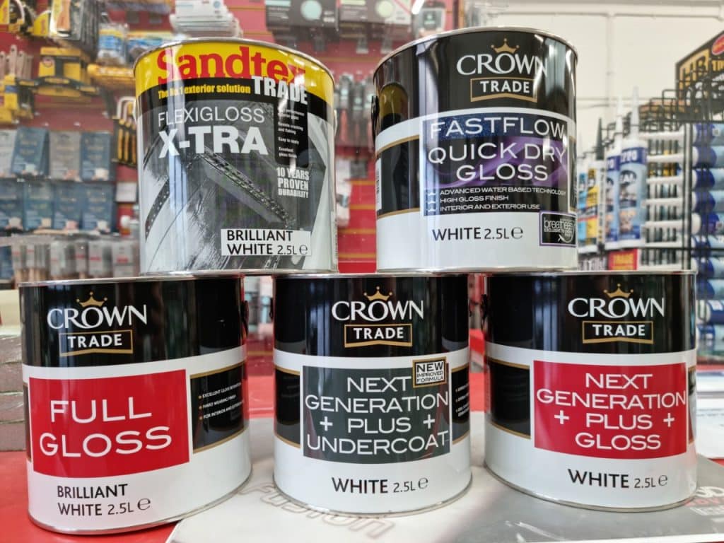 Crown and Sandtex white gloss paint products - probably the best oil-based gloss paints in the UK