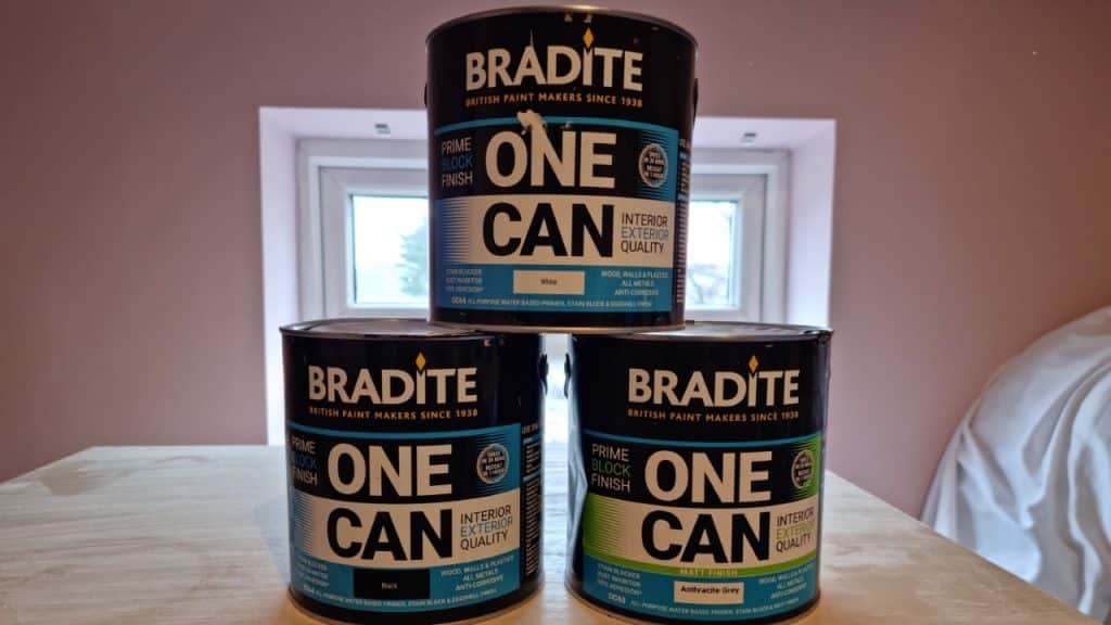 three tins of Bradite One Can