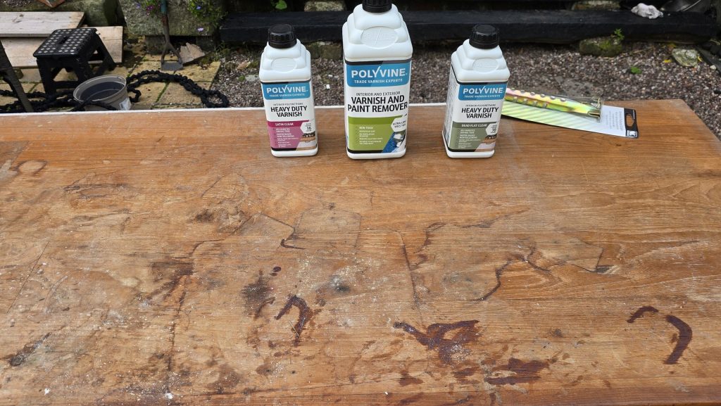 An old worktop with products to renovate it with