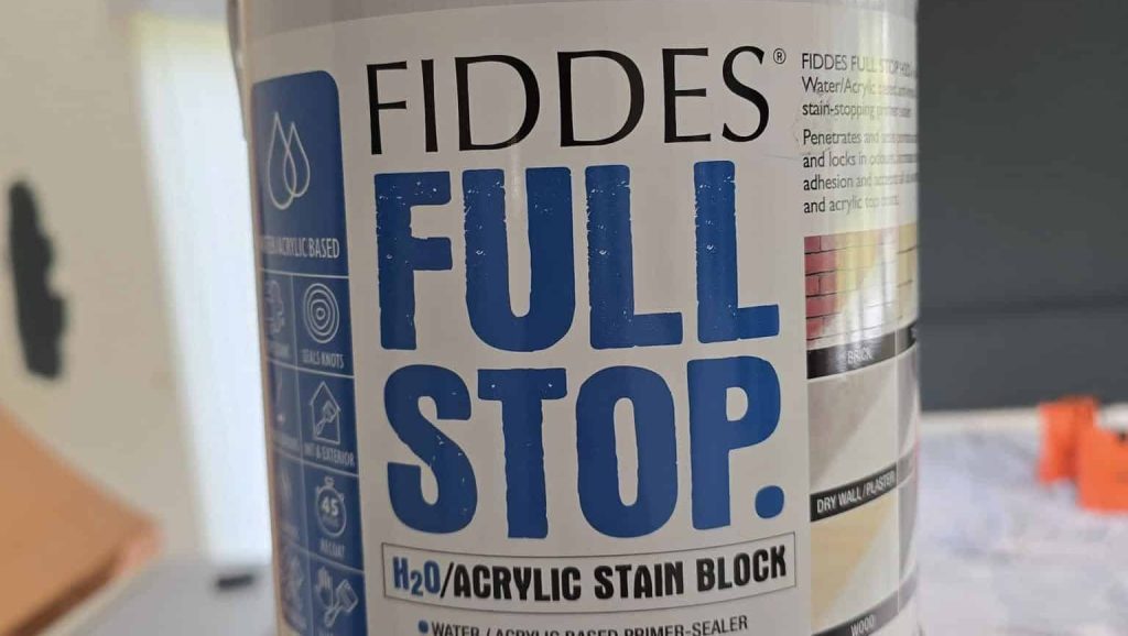 A tin of Fiddes Full Stop H2O stain block and adhesion primer